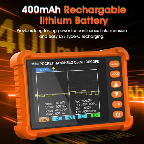 Vista 3 de BTMETER Mini osciloscopio digital de mano – Ancho de banda de 250 kHz, muestreo de 2.5 MSa/s, LCD de 2.8 pulgadas, disparador Naranja