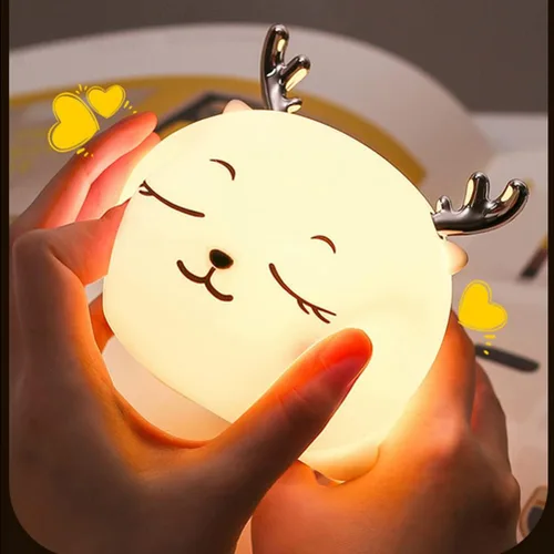 Vista 3 de Aolyty Luz nocturna para niños, lindo ciervo, de silicona, lámpara para niños pequeños, recargable por USB, luz nocturna con función de temporizador