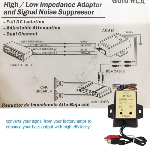 Vista 4 de Convertidor de nivel de altavoz, adaptador de impedancia alta y baja de línea de 2 canales, convertidor de salida de nivel de altavoz de audio