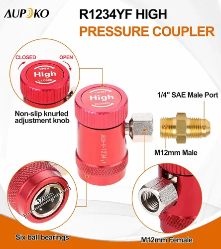 Vista 3 de Aupoko R1234yf Acoplador rápido, ajustable R1234yf Adaptador de acopladores rápidos de lado alto y bajo con destello SAE de 1/4", herramientas