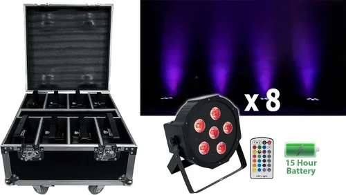 Vista 2 de Rockville Paquete Par de Baterías 6RF Negro, 8 Luces de Lavado Recargables+Estuche RGBWA+UV, DMX inalámbrico, control remoto RF, batería de 15