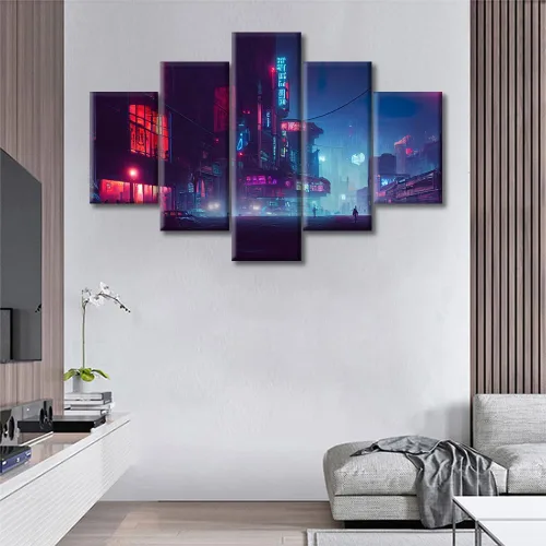 Vista 135 de Cuadros de 5 paneles de Cyberpunk City, arte de pared, representación de vallas publicitarias, edificios modernos en la capital con obras de arte