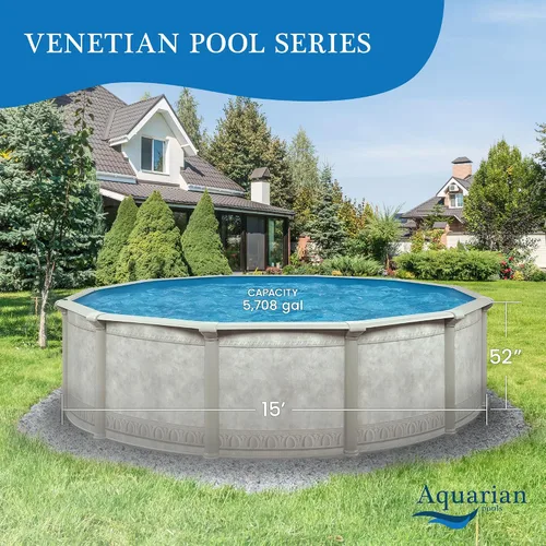 Vista 3 de Aquarian - Piscina para exteriores con marco de acero redonda por encima del nivel del suelo, 15 pies x 52 pulgadas, Veneciano