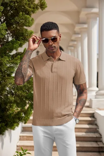 Vista 117 de COOFANDY Camisas polo de punto para hombre de manga corta con textura acanalada Camisas de golf casuales y ligeras con cuello Camiseta de polo