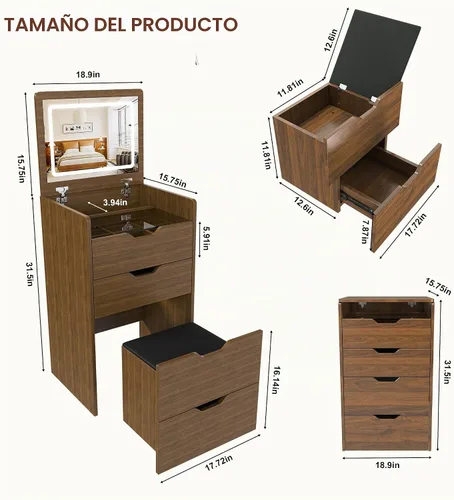 Vista 7 de Escritorio de tocador abatible con espejo iluminado LED y toma de corriente integrada, mesa de tocador de maquillaje con 2 cajones, almacenamiento