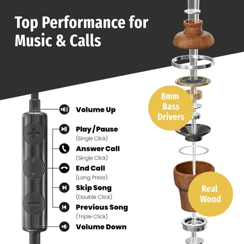 Vista 3 de Auriculares sintonizados NRG 3.0 Premium Madera aisladores de sonido, con micrófono y control de volumen, estilo madera