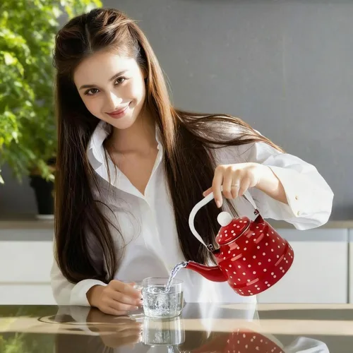 Vista 6 de Estufa de té esmaltada vintage de 1.8 cuartos de galón, tetera esmaltada con manchas rojas y blancas, esmalte en acero y café con asa, hervidor