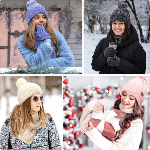 Vista 6 de Conjunto de bufanda larga de punto acanalado con forro polar y gorro para pantalla táctil, regalos para mujer