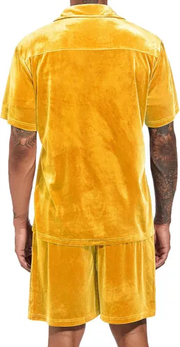 Vista 3 de LecGee Conjunto de pantalones cortos casuales de verano para hombre, camisa de terciopelo de manga corta con botones, pantalones cortos de cintura