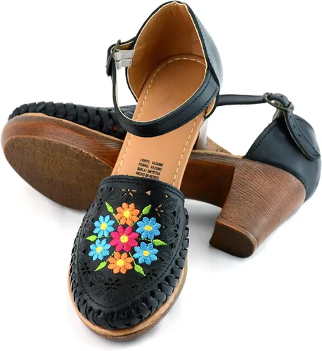 Vista 4 de Zapatos Mexicanos de Piel con Flores Bordadas, con Tacones para Mujer - Modelo 102BL