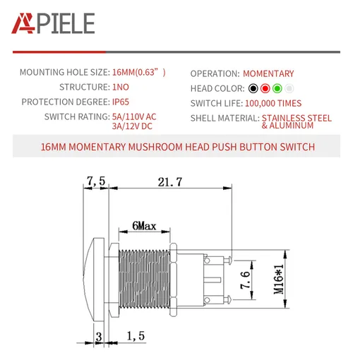 Vista 2 de APIELE Interruptor de botón momentáneo de 16 mm, botón momentáneo con cabeza de hongo, botón de inicio, IP65 resistente al agua, 12 V, 24 V, 36 V