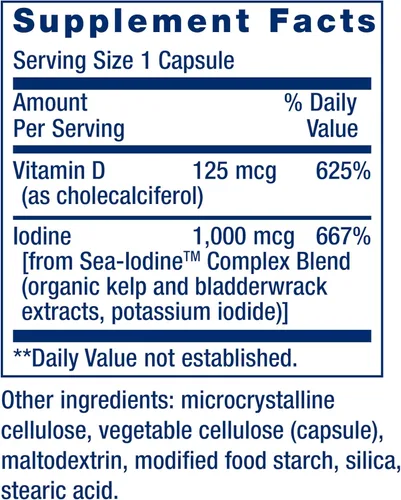 Vista 3 de Life Extension Vitamina D3 de 125 mcg (5000 UI) con yodo marino, para hueso, apoyo inmunológico y manejo de la inflamación, suplemento tiroideo