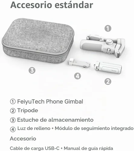 Vista 9 de FeiyuTech VB4 Kit de 3 ejes Smartphone Gimbal – Barra de extensión integrada de 8.5 pulgadas, seguimiento facial AI y luz de relleno, funda