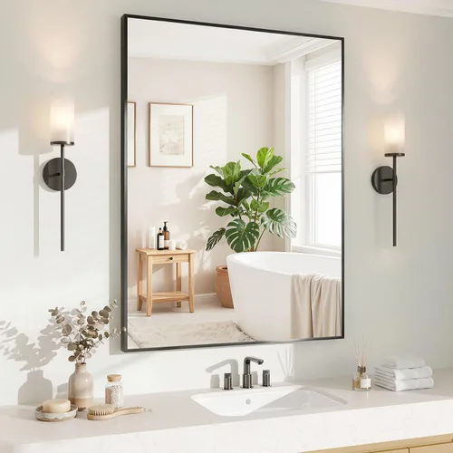 Vista 23 de Koonmi Espejo de pared rectangular negro, espejo de baño de 20 x 30 pulgadas, espejo de tocador con marco de aluminio para entrada, sala de estar