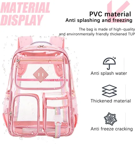 Vista 6 de Mochila transparente para escuela, resistente de PVC, transparente, bolsa transparente para libros aprobada por estadios, mujeres y niñas, Rosado