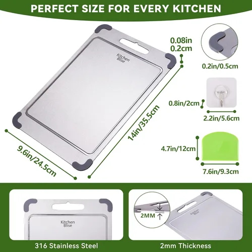 Vista 2 de Tabla de cortar de acero inoxidable, tabla de cortar de acero apto para alimentos de doble cara para cocina con 2 raspadores de limpieza, tabla