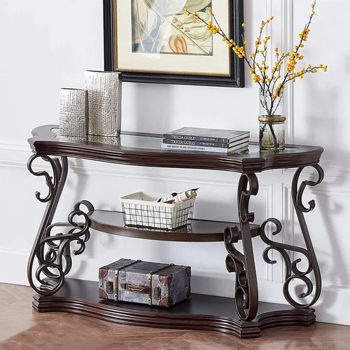 Vista 9 de Elegante mesa auxiliar retro, mesa de cóctel rectangular tradicional de 3 niveles con parte superior de vidrio templado, estante de mármol medio