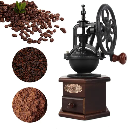 Vista 10 de Molinillo de Café, Molinillo Manual de Granos de Café de Madera, Molinillo de Café con Rodillo, Molino de Café Antiguo con Manivela de Hierro