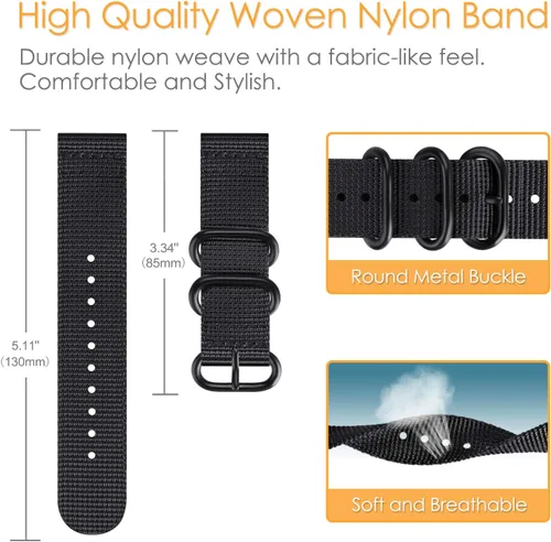 Vista 2 de FINTIE Quick Release Nylon Band 22mm Replacement Sport Strap Negro