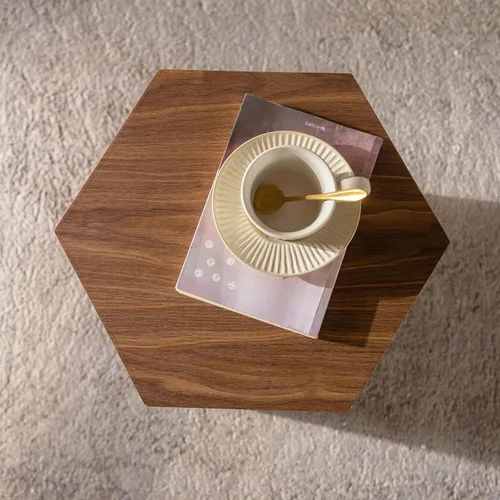 Vista 3 de Mesa auxiliar hexagonal de 15.75 pulgadas para sala de estar, grano de madera, sin montaje, nogal (15.75in-Walnut)
