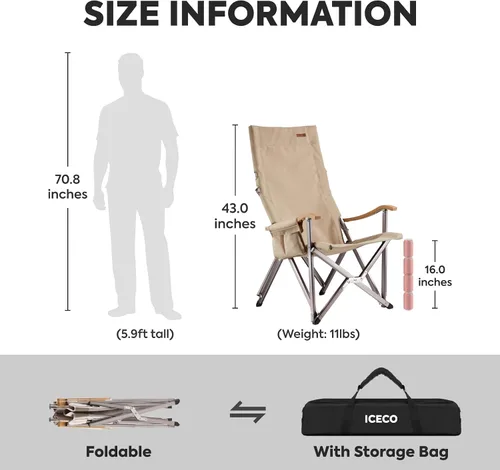 Vista 3 de ICECO Sillas de Camping de Respaldo Alto para Adultos, Silla Plegable de Alta Resistencia para Exterior, Sillas Portátiles al Aire Libre con Bolsa
