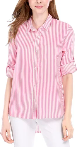 Vista 3 de Allegra K Camisa de manga larga enrollable con botones a rayas para mujer