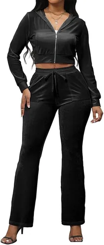Vista 4 de PINSV Conjunto de 2 piezas de terciopelo para mujer, sudadera con capucha y cremallera para correr, conjunto de entrenamiento