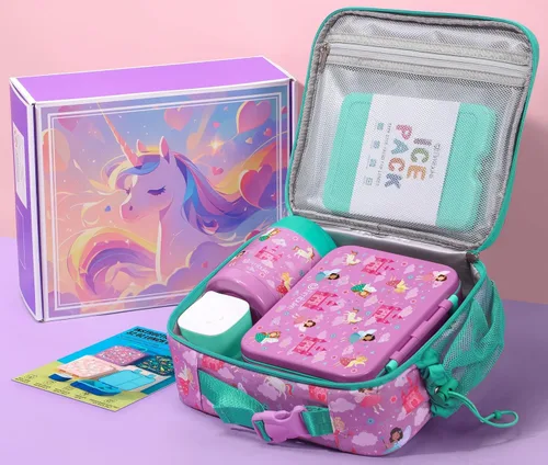 Vista 3 de Fimibuke Lonchera Bento para niños con tarro para alimentos, contenedor de almuerzo para snacks de 32OZ con 3 compartimentos, bolsa de almuerzo