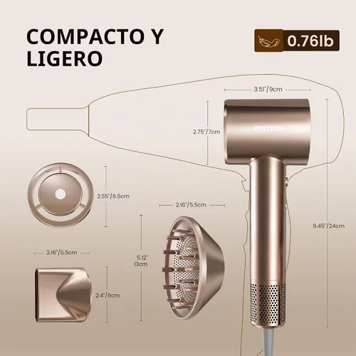 Vista 5 de PRITECH Secador de pelo de alta velocidad con difusor, secador iónico de Pvd Mirage Oro