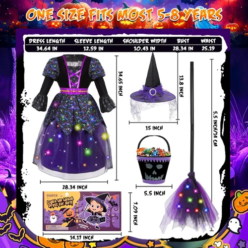 Vista 6 de VGOFUN Disfraz de bruja para niñas, disfraces de Halloween iluminados