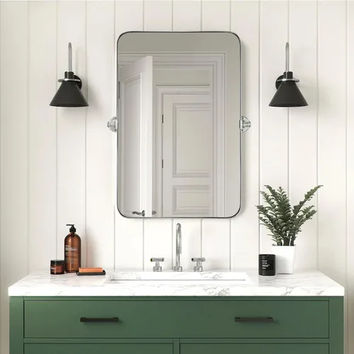Vista 4 de TEEBARN Espejo de baño rectangular pivotante con marco de níquel cepillado de 20 x 30 pulgadas, espejo de tocador rectangular redondeado inclinable