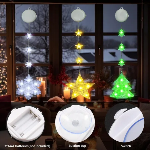 Vista 3 de 3 piezas de luces de ventana de Navidad - Decoraciones de ventana de Navidad con pilas con luces en forma de árbol, copo de nieve y estrella
