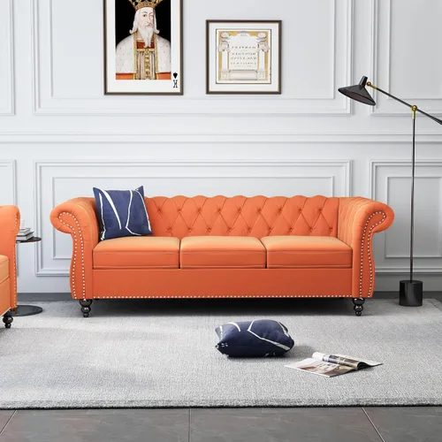 Vista 21 de Sofá moderno de 3 plazas, muebles de sofá grande, con brazo enrollable, sofá Chesterfield clásico copetudo de cuero con respaldo de asiento copetudo