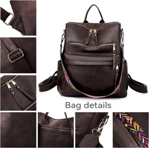 Vista 6 de Mochila de cuero para mujer, grande, diseño de viaje, bolso convertible para la universidad, 3- marrón, Mochila casual de gran capacidad para mujer