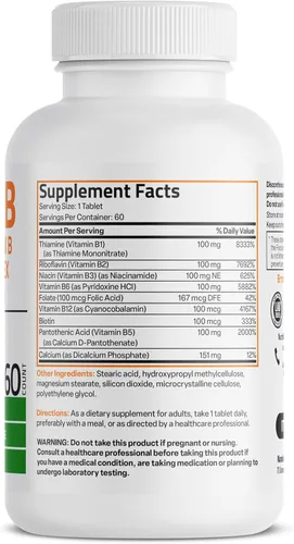 Vista 2 de Bronson Super B100 Complejo de Vitamina B de liberación sostenida contiene todas las vitaminas B (vitamina B1, B2, B3, B6, B9 - ácido fólico, B12)