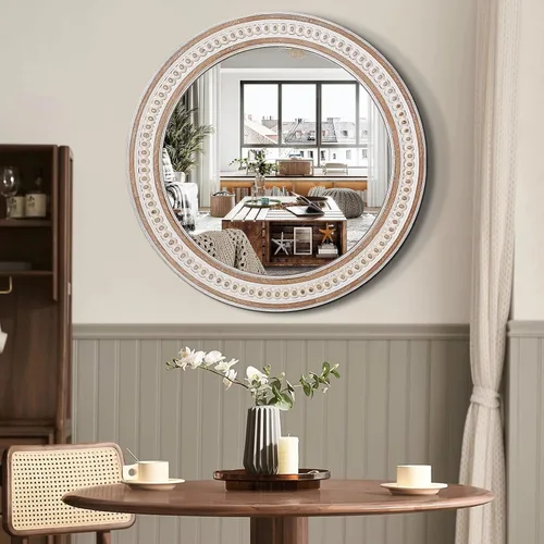Vista 2 de 24 Pulgadas Espejos de Pared Redondos Rústicos - Espejo Circular de Granja de Madera para Baño, Entrada, Dormitorio, Sala de Estar, Decorativo