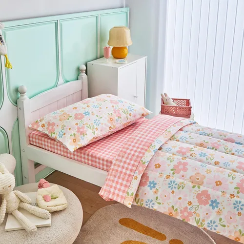Vista 4 de Joyreap Juego de ropa de cama de algodón de 4 piezas para niñas, diseño de flores rosas, juego de edredón de algodón suave y transpirable, incluye