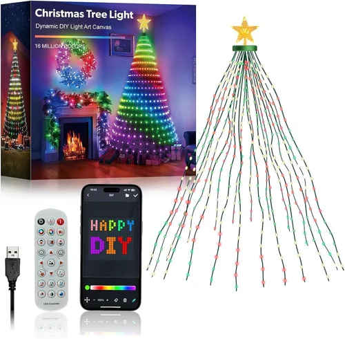 Vista 9 de Super RGB Luces inteligentes para árbol de Navidad de 6 pies, 400 LED, luces de árbol de Navidad que cambian de color con anillo y estrella