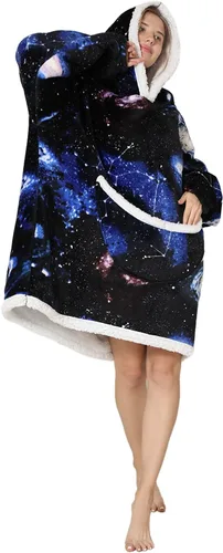 Vista 4 de Manta con capucha, sudadera de gran tamaño para adultos, mujeres y hombres, hecha de franela muy suave y cálida, con bolsillo y mangas