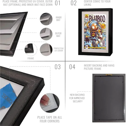 Vista 5 de Marco para Cómics 2 Pack, Marco de Madera MDF, Acolchado Libre de Ácidos, Protección UV 98% Policarbonato, Se Ajusta a Cómics hasta 6 3/4" x 10