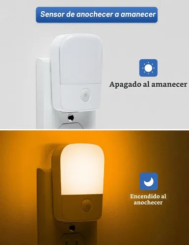 Vista 2 de Luces nocturnas ámbar enchufables a la pared, paquete de 2 luces LED de noche para dormitorio con sensor de atardecer a amanecer, brillo ajustable
