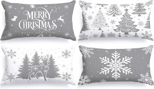 Vista 8 de Lanpn Juego de 4 fundas de almohada de Navidad negras de 12 x 12 pulgadas, fundas de almohada decorativas de invierno, cojín de árbol de Navidad
