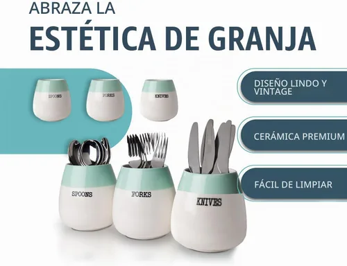 Vista 2 de Comfify Honeypot - Soporte para cubiertos de cerámica – Juego de 3 – Bandeja de cubiertos de granja verde salvia y blanco para encimera de cocina