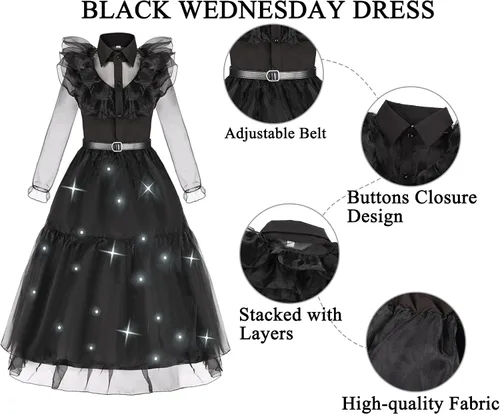 Vista 4 de Disfraz para niñas, disfraz de Halloween iluminado con calcetines, cinturón, collar, banda para el cabello