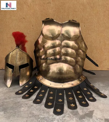 Vista 2 de NauticalMart Armadura medieval Spartan Muscle Armor Breastplate 300 Movie Armor Casco Rojo Ciruela Guerreros Romanos Disfraz