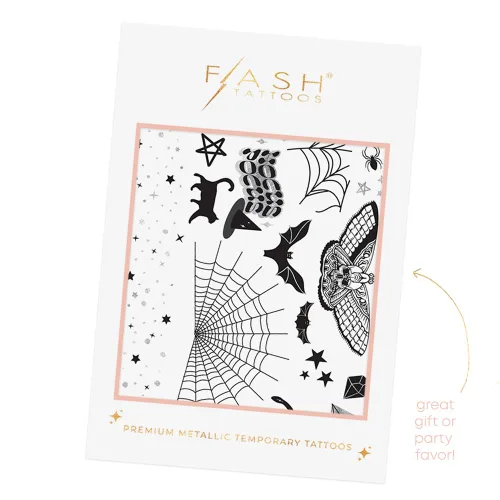Vista 5 de Flash Tattoos Tatuajes temporales de Halloween Witch Please 44 tatuajes espeluznantes Tatuaje metálico Suministros para fiesta de Halloween