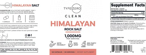 Vista 5 de Type Zero Cápsulas de sal de roca del Himalaya (120 cápsulas) (1000 mg por porción)