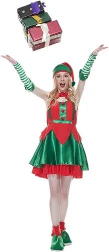 Vista 4 de FantastCostumes Disfraz de elfo de Navidad para mujer, disfraz de Papá Noel