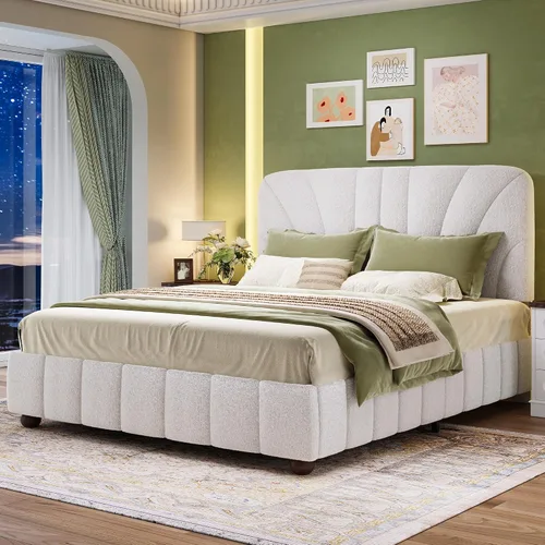 Vista 8 de Estructura de cama Boucle de tamaño matrimonial con cabecero ajustable tapizado gris