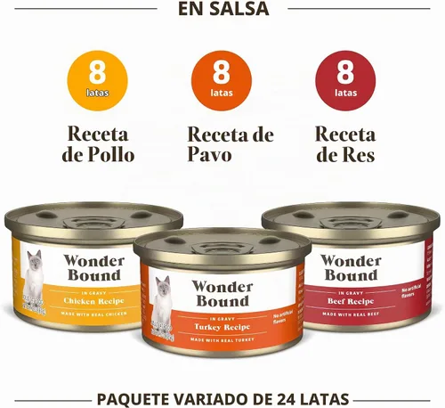 Vista 3 de Marca de Amazon - Wonder Bound, paquete variado de comida húmeda gourmet para gatos con salsa (pavo, pollo, ternera), aves, fabricada en EE. UU., 3